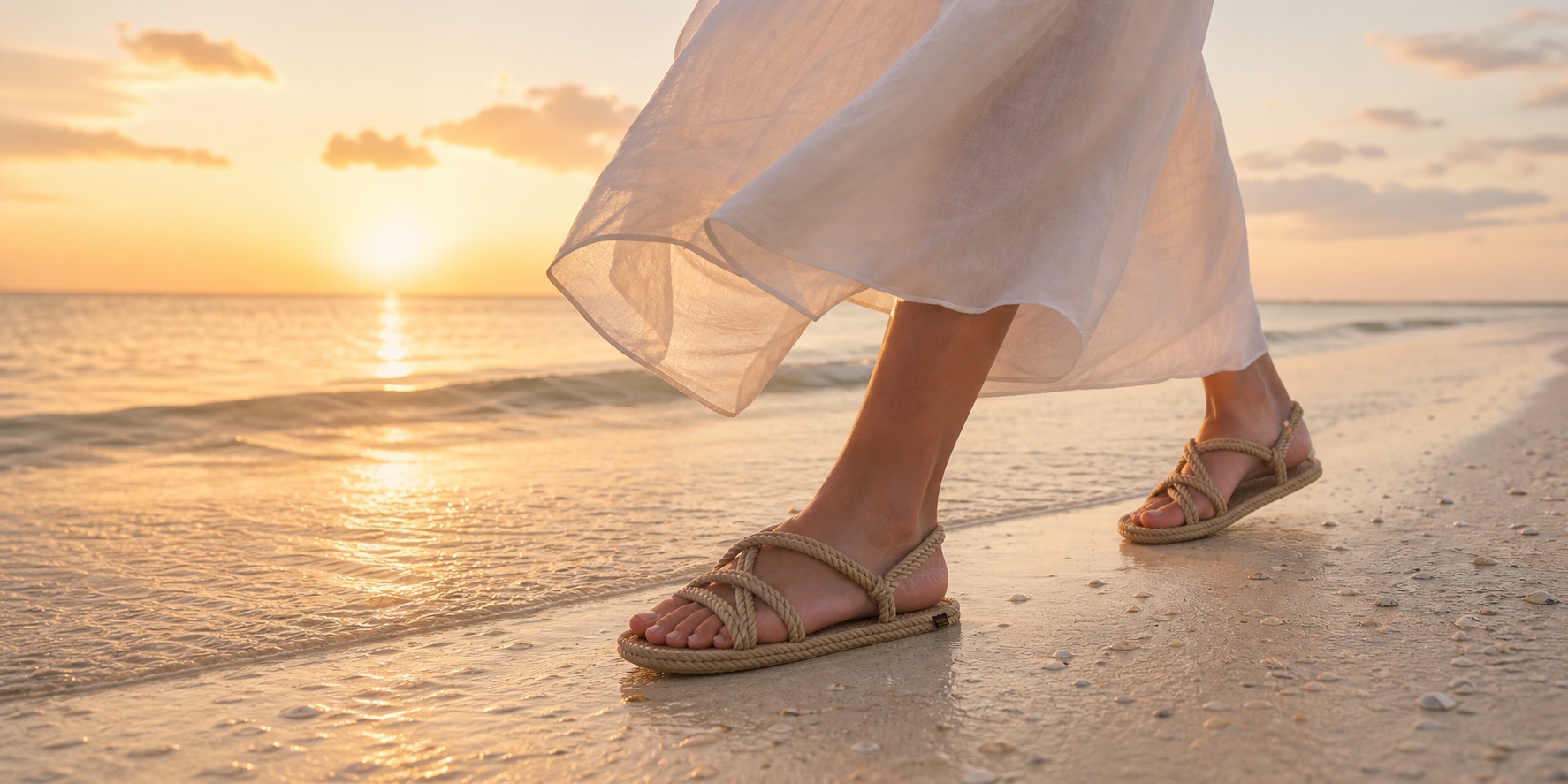 Rope sandals worn with flowing white linen on a warm coastal evening